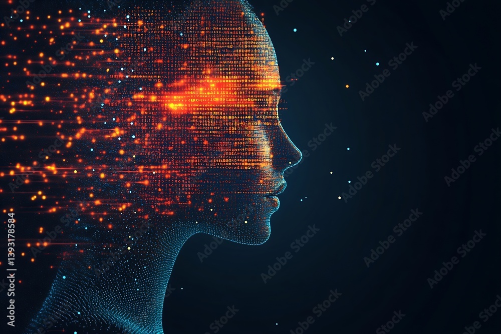 Poster Futuristic AI Face Visualization with Data Stream and Technological Elements on Dark Background : Generative AI