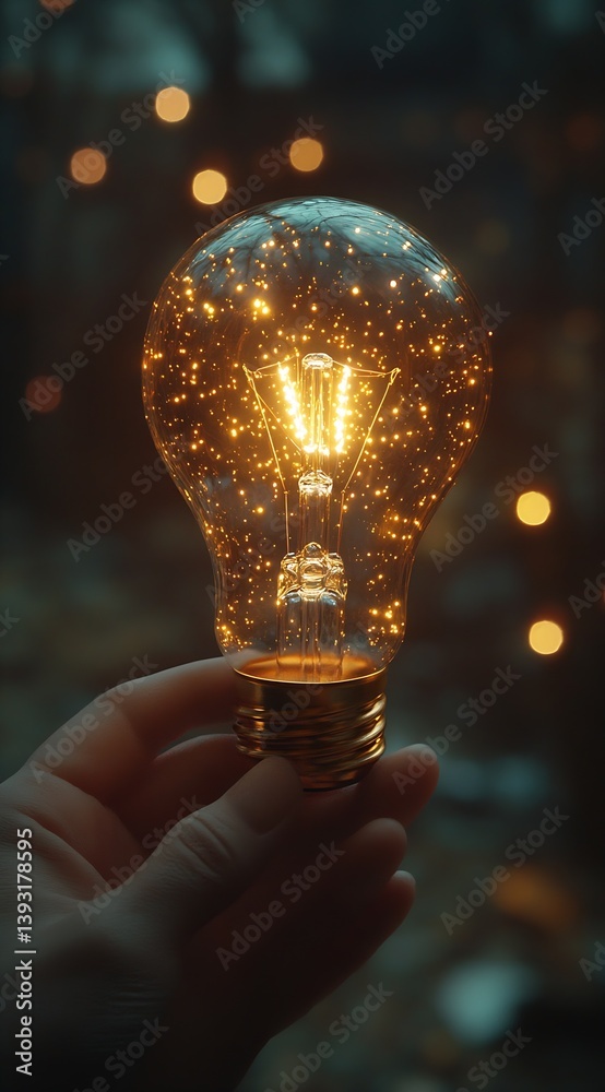 Poster glowing light bulb held in hand with sparkling particles symbolizing innovation ideas and creative t