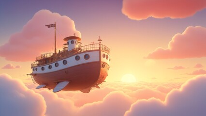Charming Floating Ship in Colorful Sky at Sunset with Soft Clouds and Warm Glow