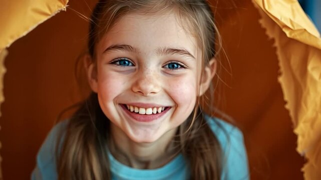 Young girl smiling joyfully inside a colorful tent, with soft lighting enhancing her cheerful expression