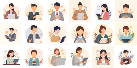 set of People using tablets in flat modern illustration style with calm expression indoors	