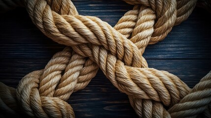 Fototapeta premium A close-up of thick intertwined rope knots, woven from natural fibers, showcasing intricate texture and detail under soft, directional lighting, arranged in