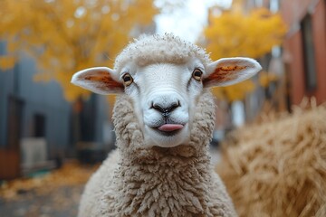 Adorable Sheep Portrait with Tongue Out Funny Animal Close Up Farm Animal Photography Cute and Playful Expression : Generative AI