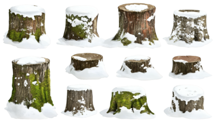 Set of various realistic snow covered old tree stumps with green moss isolated on white background