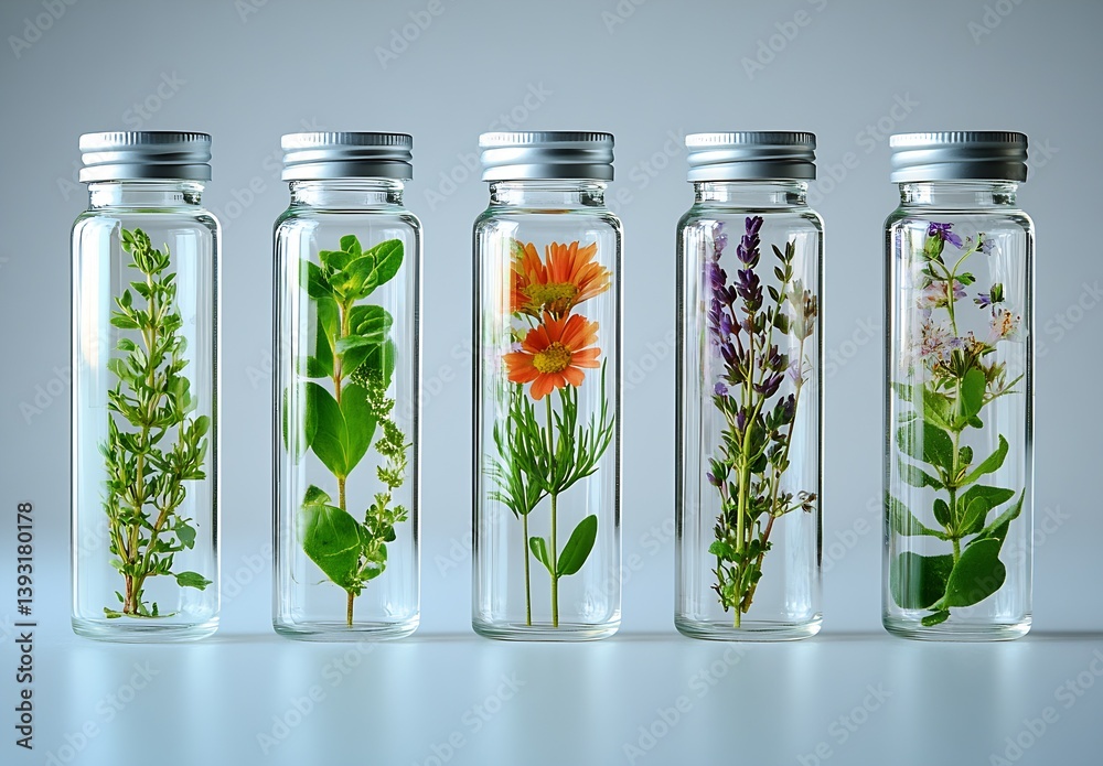 Poster artistic composition of glass bottles containing colorful herbs in a bright and clean aesthetic : ge