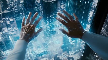 Two hands reach out to a futuristic, translucent interface displaying a city's digital map.  A sense of technological control and innovation is conveyed.