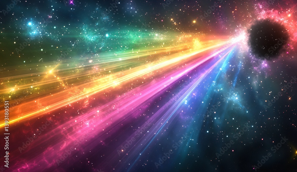 Poster vivid cosmic tunnel with rainbow light beams radiating from a black hole in space : generative ai