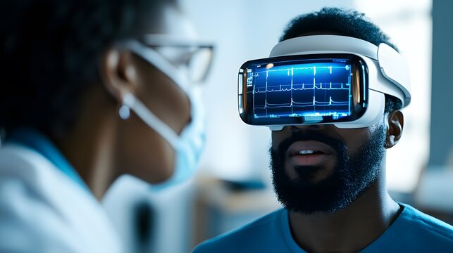 A male patient wearing a VR headset displays medical data while a doctor observes.  Innovative healthcare technology in action.