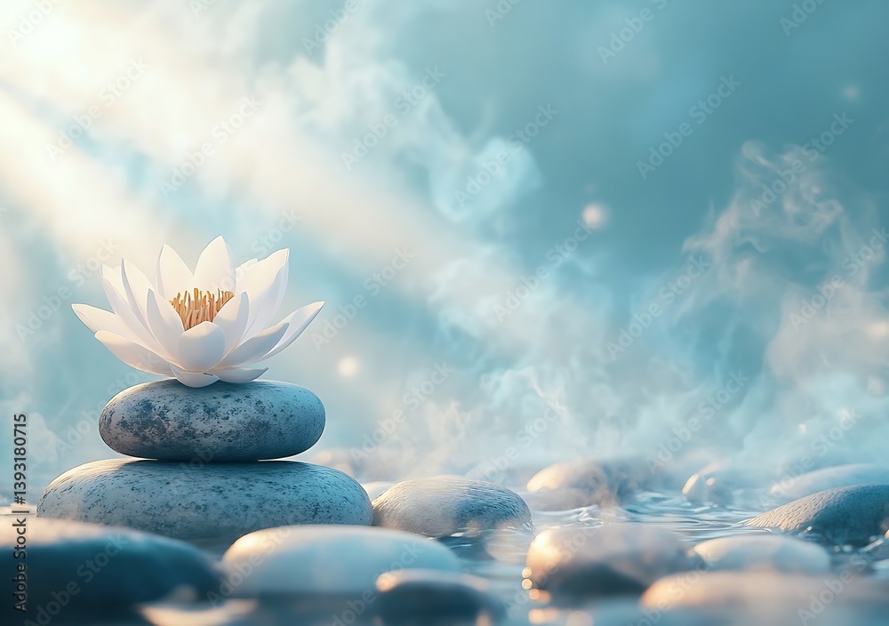 Aufkleber serene spa scene lotus flower on stacked stones with soft lighting for wellness and relaxation conce