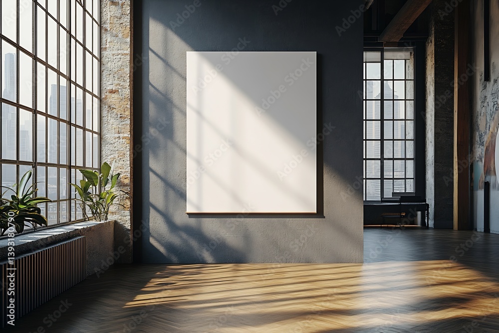 Aufkleber modern loft interior with blank canvas on gray wall natural light and hardwood floors empty room for