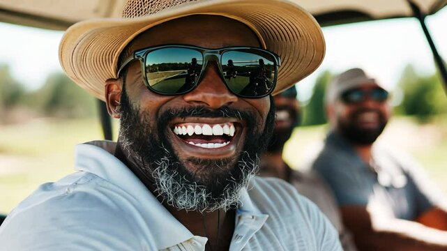 Joyful golfers share a laugh while cruising in a golf cart on a sunny day.