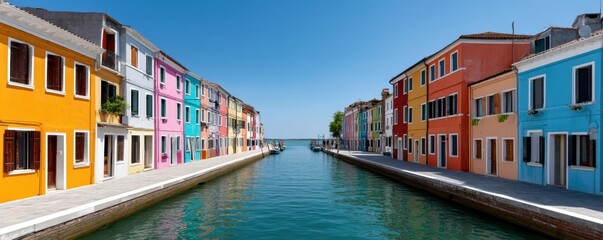 Obraz premium Brightly colored buildings lining a canal in Burano, Italy - romantic blue houses Venetian tourism