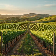 Fototapeta premium image of expansive vineyards stretching over rolling hills under a soft warm evening glow isolated on a plain background