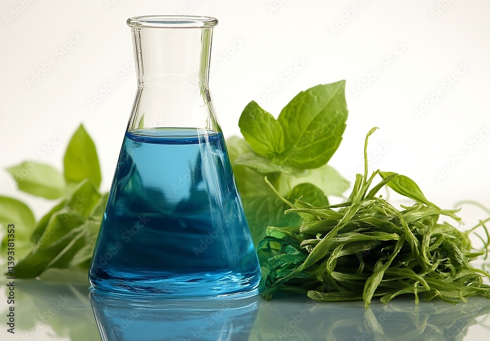 Aufkleber blue liquid in lab beaker with green plants shows science and herbal medicine integration concept in