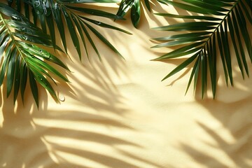 Tropical Palm Leaves Shadows on Sandy Beach Relaxing Summer Vacation Vibes Nature Background Coastal Paradise Exotic Holiday Scene : Generative AI