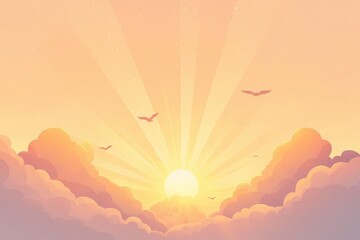 Soft Sunrise Over Clouds with Rays of Light and Flying Birds