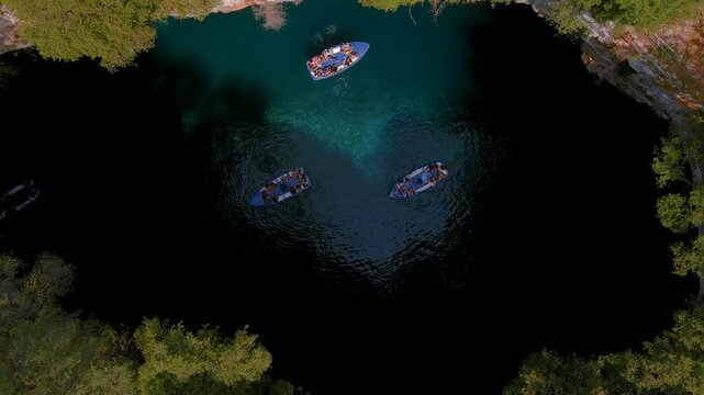 Aerial view of Melissani Cave ( Melissani Lake) near Sami village in Kefalonia island , Greece