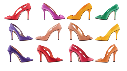 Set of various women's fashionable high heel sandals in different colours isolated on white background