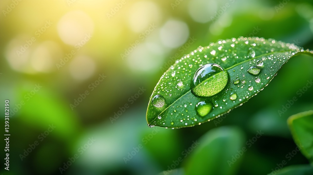 Poster macro shot of water droplets on a green leaf with bokeh background ideal for nature and freshness th