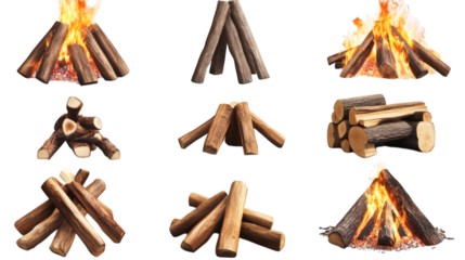 Set of wooden fireplace, burning bonfire travel collection isolated on white background