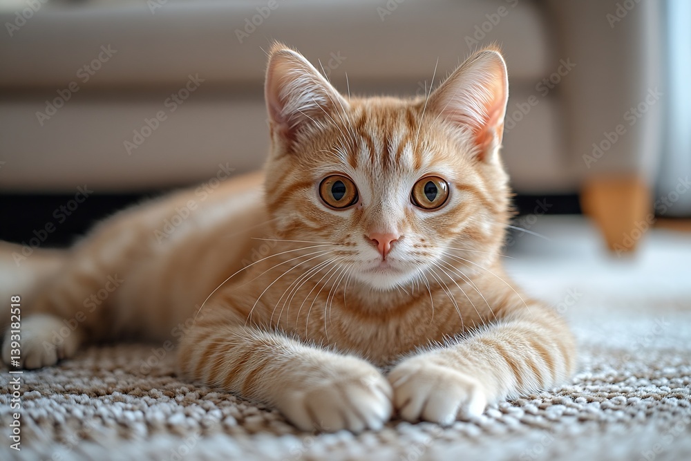 Poster Adorable Ginger Tabby Kitten Lying on a Carpet Looking at Camera with Big Eyes in a Cozy Setting : Generative AI