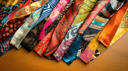 A collection of silk fabric strips, each featuring a different cultural print, arranged in an overlapping pattern on a smooth wooden table