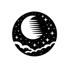 Minimalist Celestial Illustration: Moon, Stars, and Clouds in a Circle