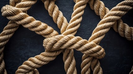 Obraz premium A collection of thick, braided rope knots arranged into a visually striking interconnected formation, placed on a deep charcoal background with sharp