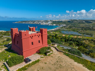Drone aerial view of Red tower in Mellieha, Maltese island
