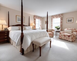 Grand master suite, four-poster bed, plush carpet, ensuite bathroom with clawfoot tub - relaxation chic home sophisticated opulent