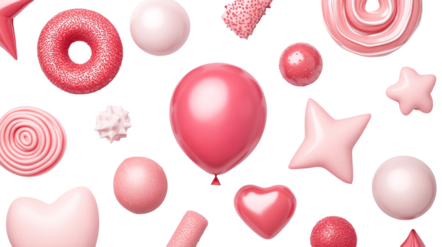 Assorted pink objects float against black background, cut out transparent