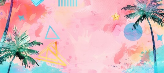 80s Themed Watercolor Border with Neon Shapes and Palm Trees for Retro Design Projects