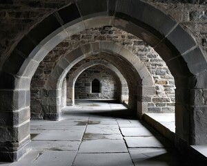 Obraz premium High vaulted stone arches dominate a medieval hall, worn flagstones underfoot, echoing silence - spacious pillar structure antique church