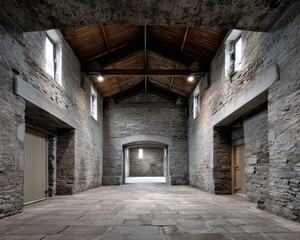 High vaulted stone arches dominate a medieval hall, worn flagstones underfoot, echoing silence - castle high structure hall