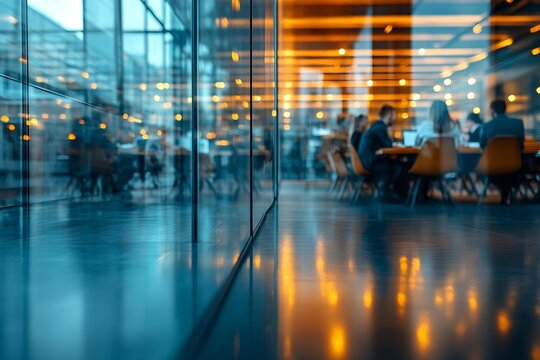 Modern Office Interior Reflection Glass Wall with People Having Meeting Business Teamwork and Collaboration in Corporate Setting : Generative AI