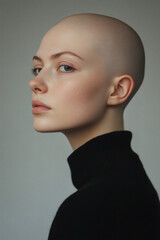 A beautiful female model with a bald head 