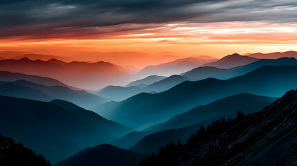 Mountains bathed in the last rays of sunlight under a colorful sky.