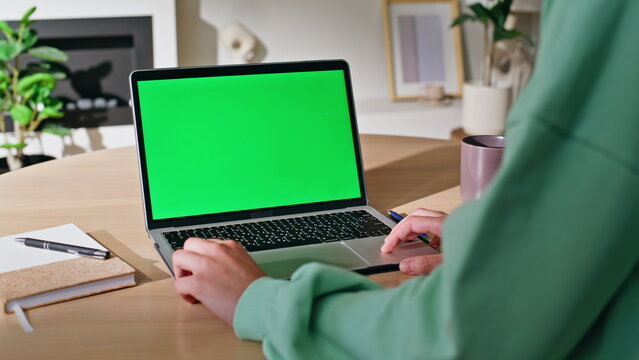 Freelancer working green screen laptop at home workplace closeup. Unknown woman - Powered by Adobe