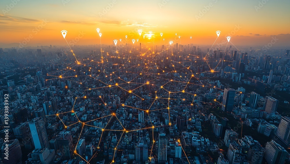 Poster Connected City Aerial View of Urban Network with Glowing Data Points and Modern Architecture at Sunset : Generative AI