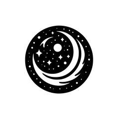Celestial Logo: Crescent Moon, Stars, & Dots on Black Circle