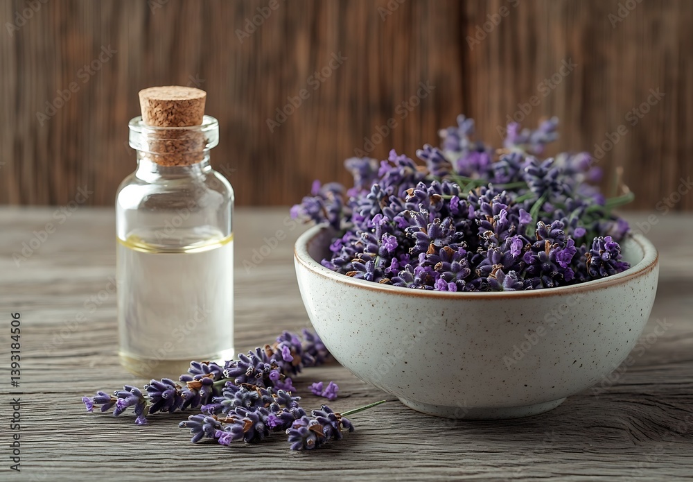Poster aromatic lavender flowers and essential oil in glass bottle create a serene calming atmosphere : gen