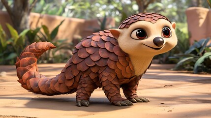 A cartoon pangolin stands with a gentle expression in a setting