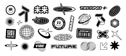Y2k logotypes and emblems in cyberpunk style for clothes print design set 1. Vintage futuristic japanes stickers set in Techno Rave style. Retro Asian 90s - 2000s apparel signs and pins