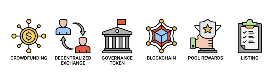 Initial dex offering icon set. Containing icon of crowdfunding, decentralized exchange, governance token, blockchain, smart contract and listing icons. Outline vector symbol background.