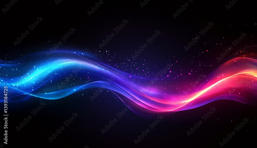Poster glimmering abstract light waves in a striking combination of blue and pink hues representing movemen