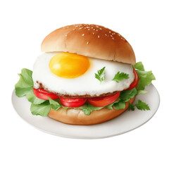 Lab Gai Burger, Thai herbs & spicy marinated chicken, Chiang Mai farmed cheese, fried egg, and French fries on the white plate. Isolated with Transparent background. Thai food for menu, restaurants.	