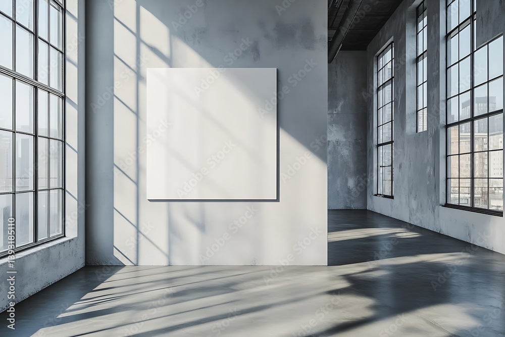 Aufkleber minimalist interior with concrete walls blank canvas and large windows sunlight streaming through em