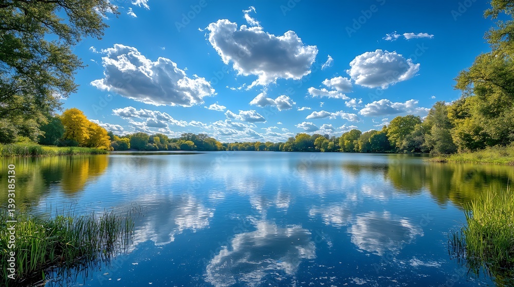 Aufkleber reflective lake surrounded by vibrant autumn trees with clear blue skies and fluffy clouds overhead 