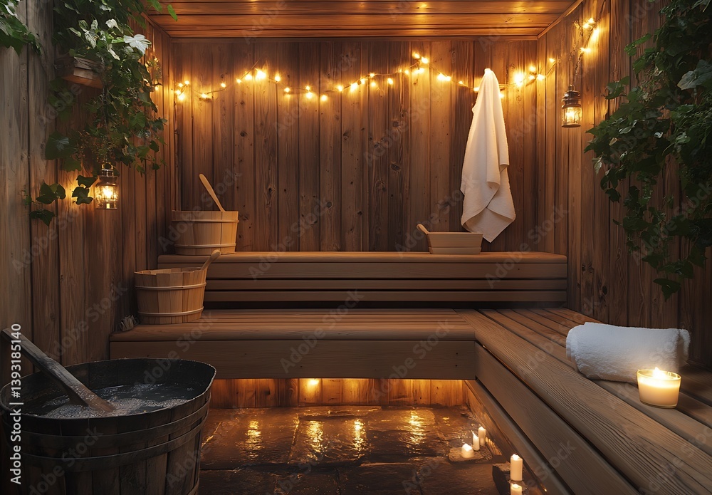 Aufkleber tranquil sauna setting surrounded by greenery and soothing lighting for a spa experience : generativ