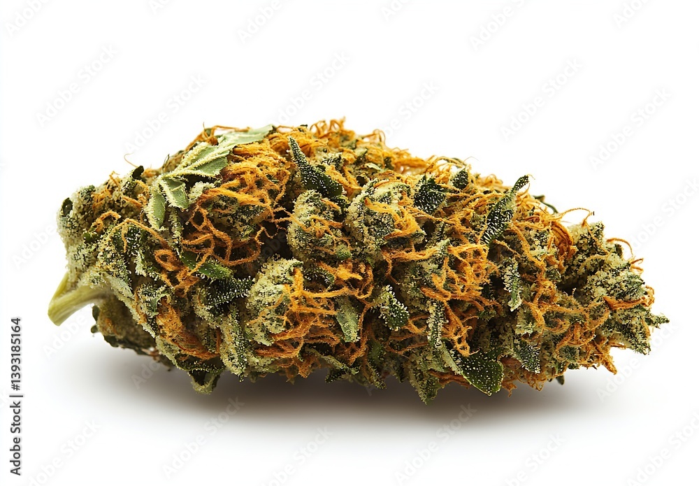 Poster unique closeup of cannabis nug displaying fiery orange color and rich green foliage texture : genera